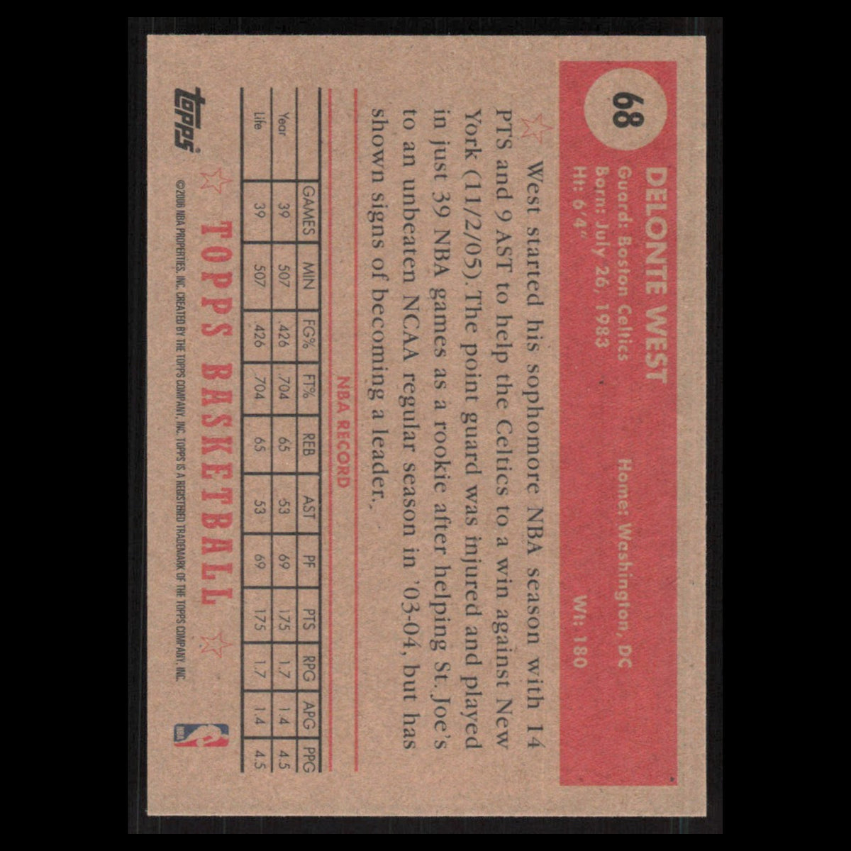 Delonte West #68 2005 Topps 1952 Style Boston Celtics Basketball Card NBA NM