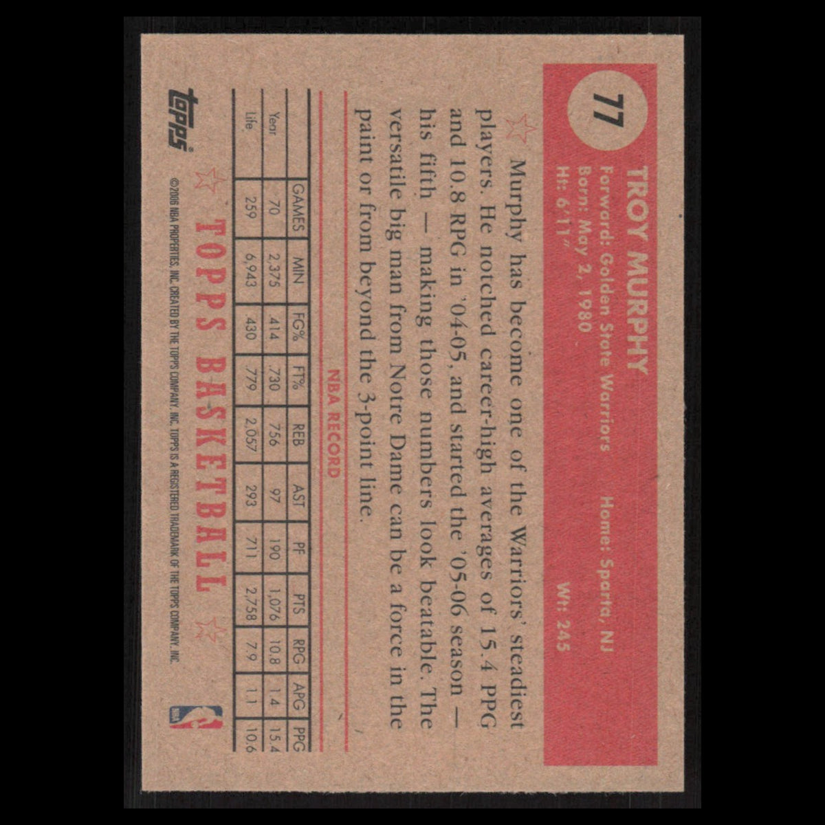 Troy Murphy #77 2005 Topps 1952 Style Golden State Warriors Basketball Card NBA