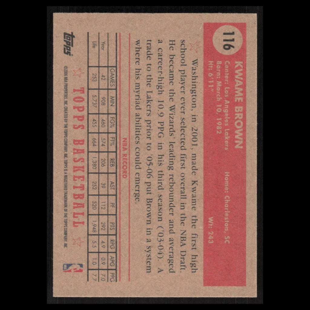 Kwame Brown #116 2005 Topps 1952 Style Los Angeles Lakers Basketball Card NBA NM
