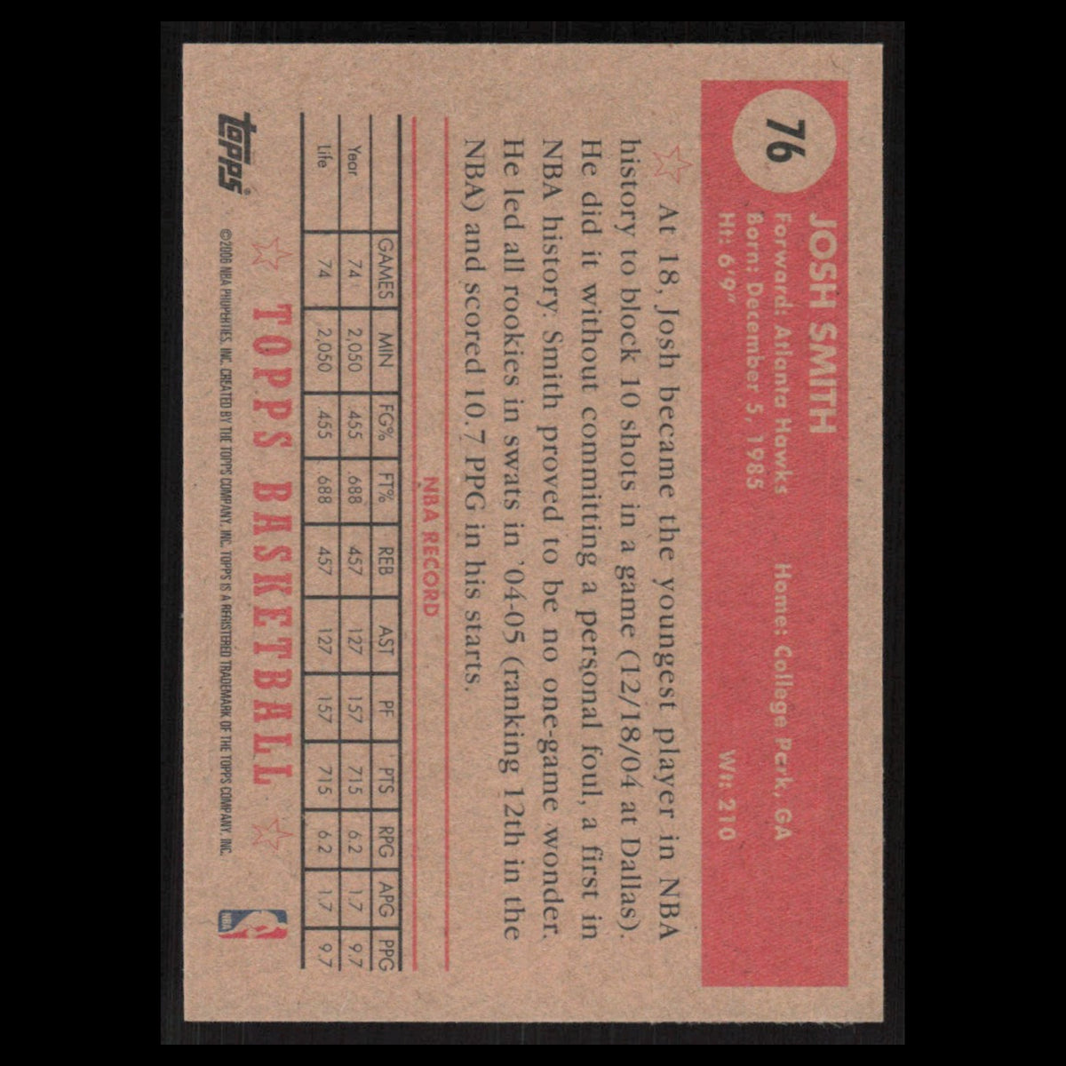 Josh Smith #76 2005 Topps 1952 Style Atlanta Hawks Basketball Card NBA NM