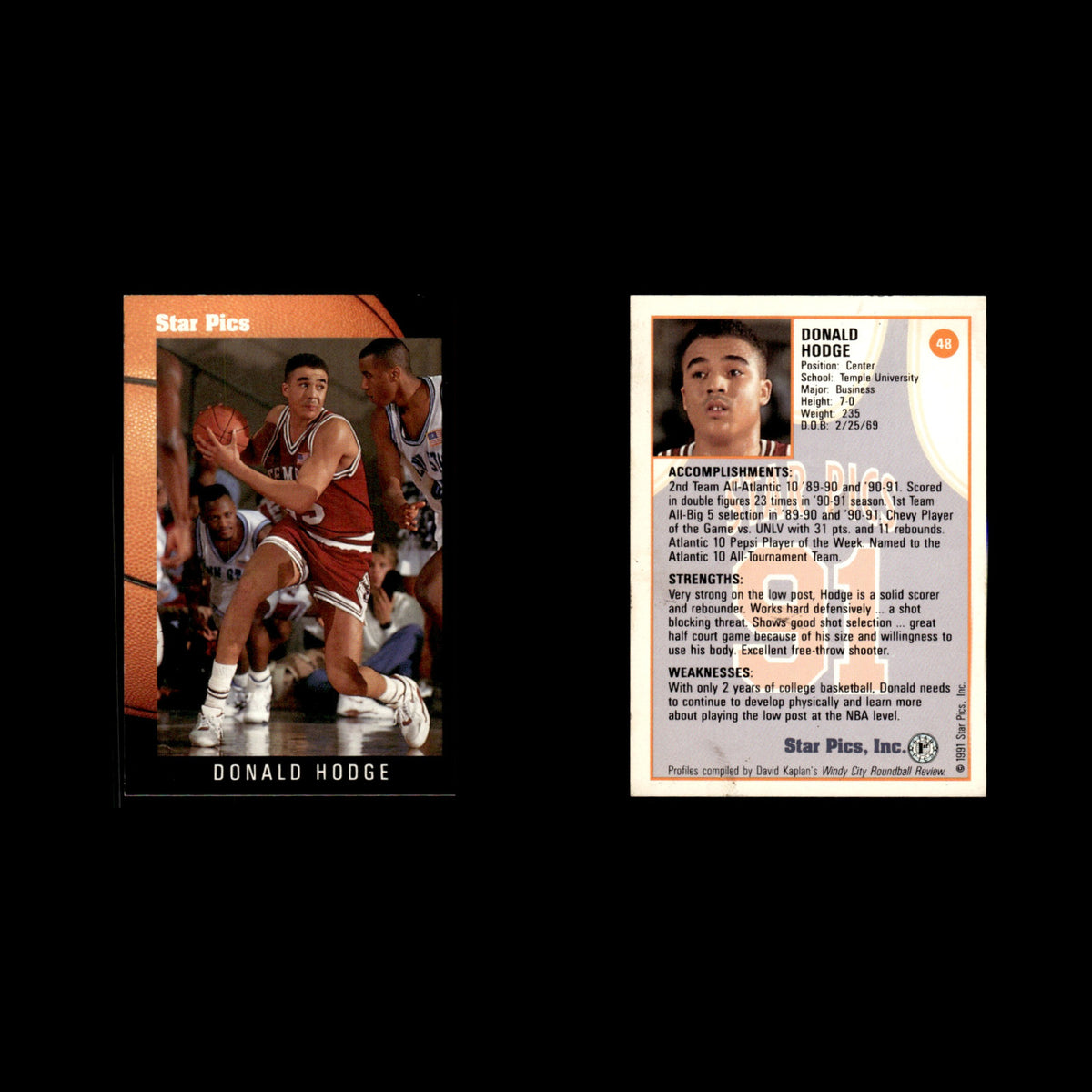 Donald Hodge #48 1991 Star Pics Temple Owls Basketball Card NBA EX