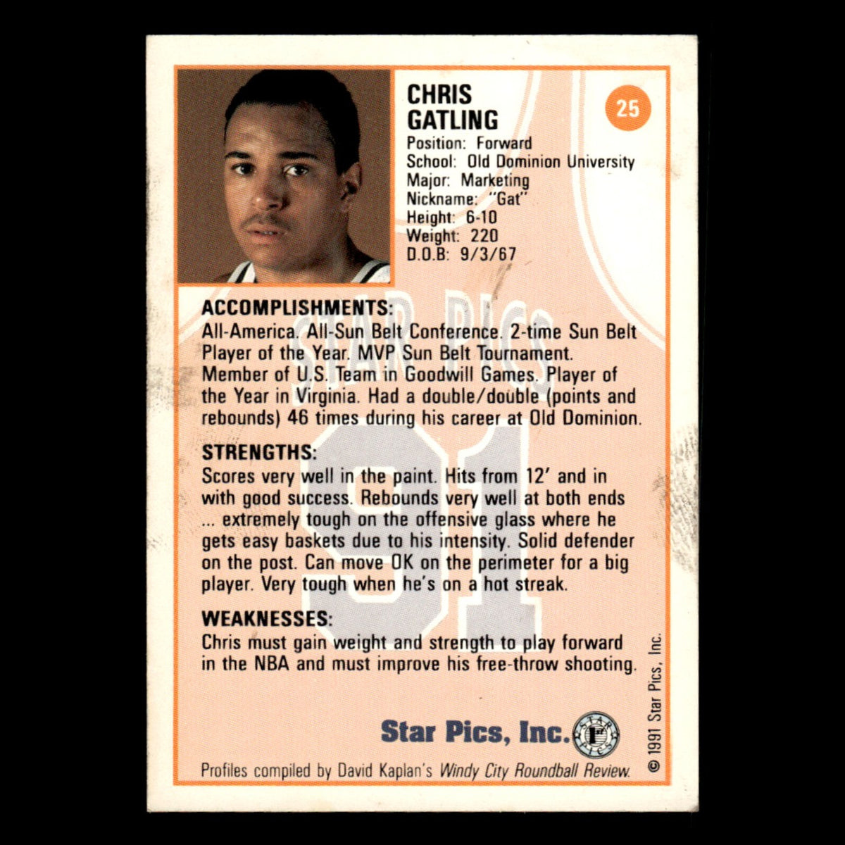 Chris Gatling #25 1991 Star Pics Old Dominion Monarchs Basketball Card NBA EX