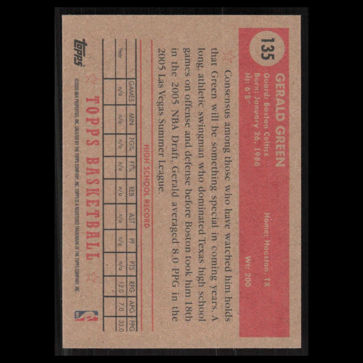 Gerald Green Rookie #135 2005 Topps 1952 Style Boston Celtics Basketball Card NM