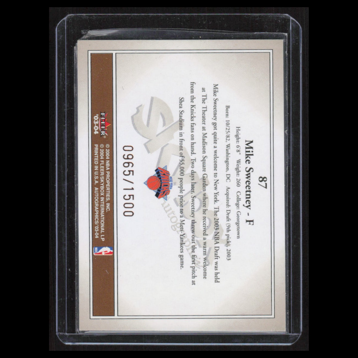 Mike Sweetney Rookie /1500 #87 2003 SkyBox Autographics New York Knicks Card NBA