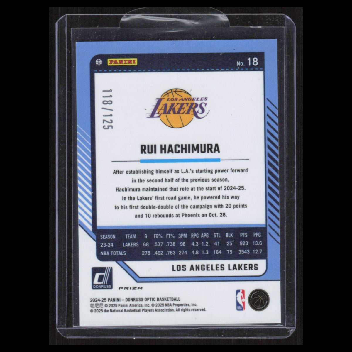 Rui Hachimura /125 #18 2024 Donruss Optic Bronze Velocity Los Angeles Lakers NBA