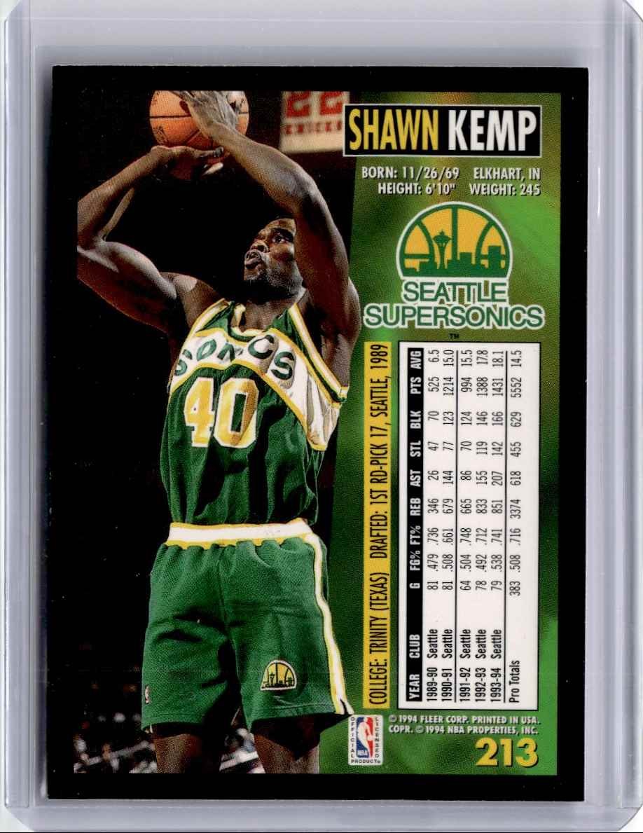 1994-95 Fleer Shawn Kemp Basektball Card Seattle SuperSonics #213