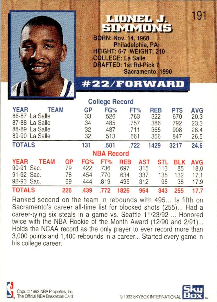 1993-94 NBA Hoops Basketball Card Lionel Simmons Sacramento Kings #191