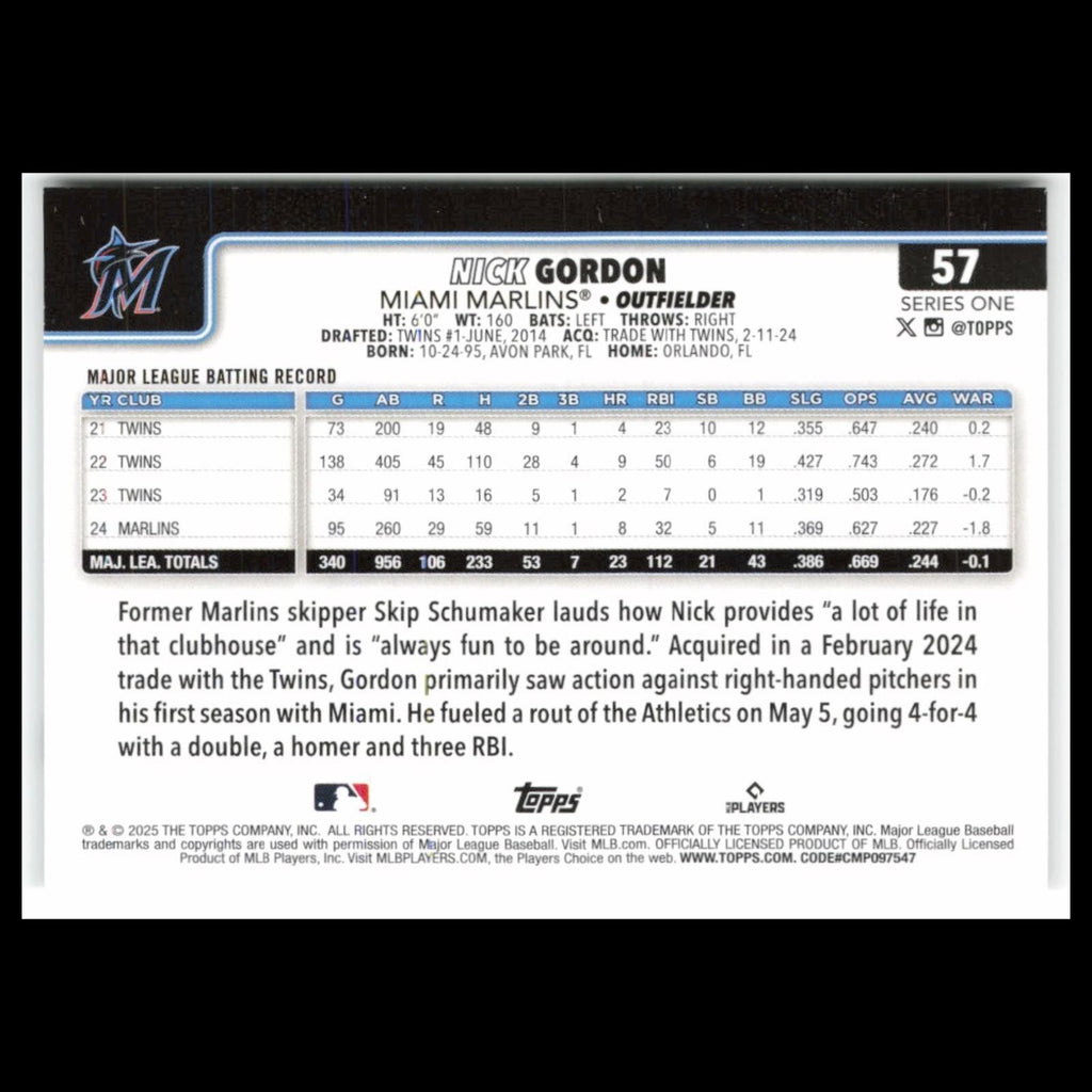 Nick Gordon #57 2025 Topps Miami Marlins Baseball Card MLB NM