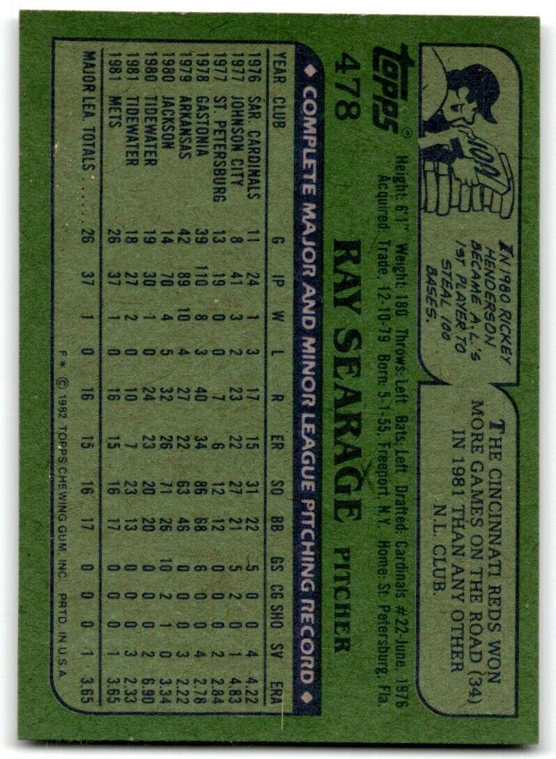 1982 Topps Ray Searage Rookie New York Mets #478