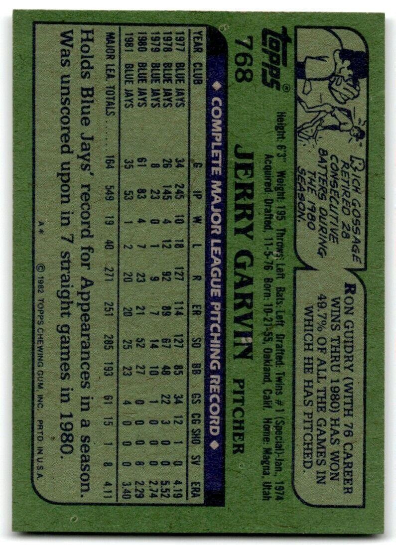 1982 Topps Jerry Garvin Toronto Blue Jays #768
