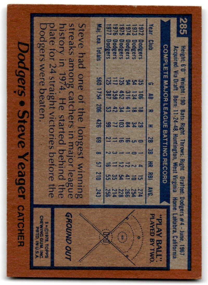1978 Topps Steve Yeager . Los Angeles Dodgers #285