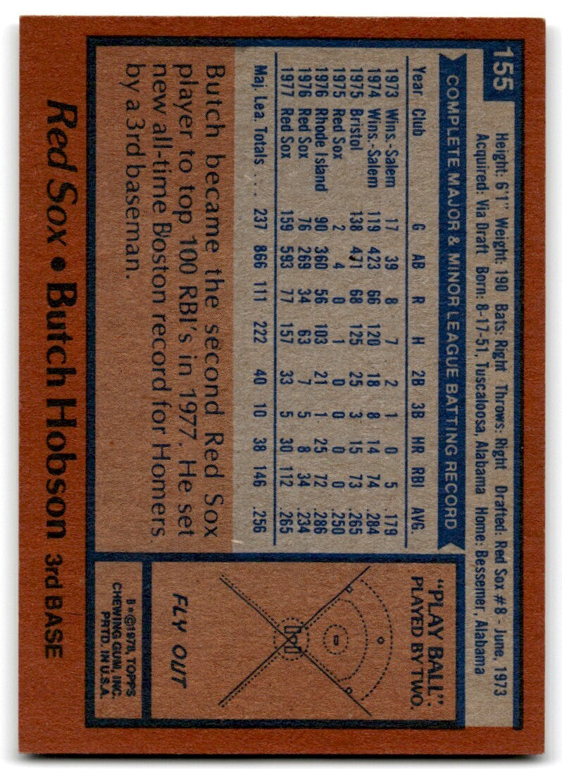 1978 Topps Butch Hobson . Boston Red Sox #155