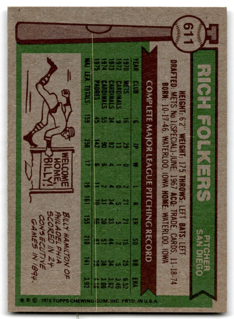 1976 Topps Rich Folkers . San Diego Padres #611