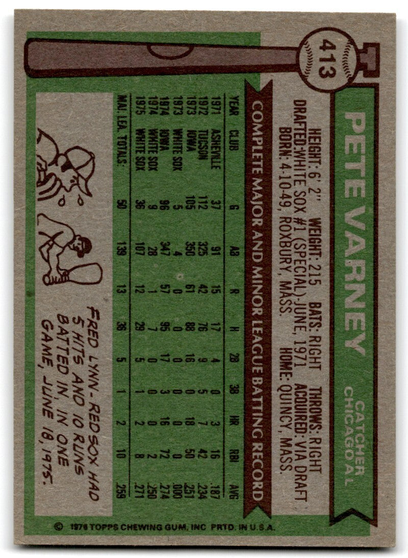 1976 Topps Pete Varney Rookie . Chicago White Sox #413