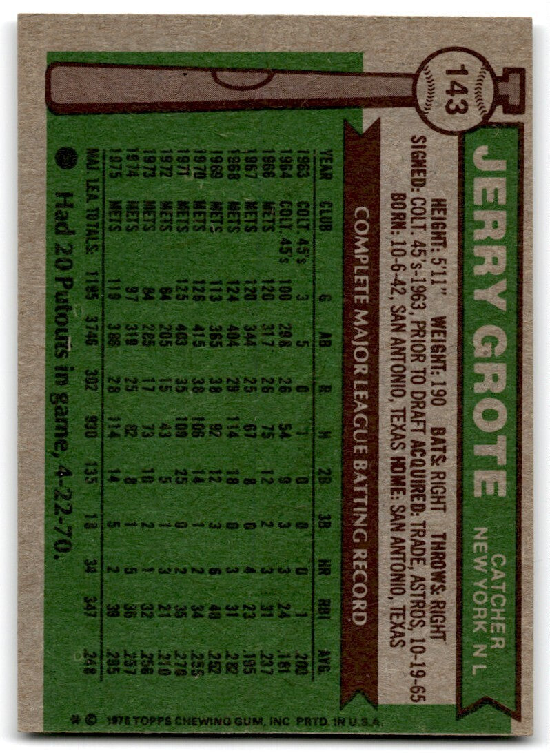 1976 Topps Jerry Grote . New York Mets #143