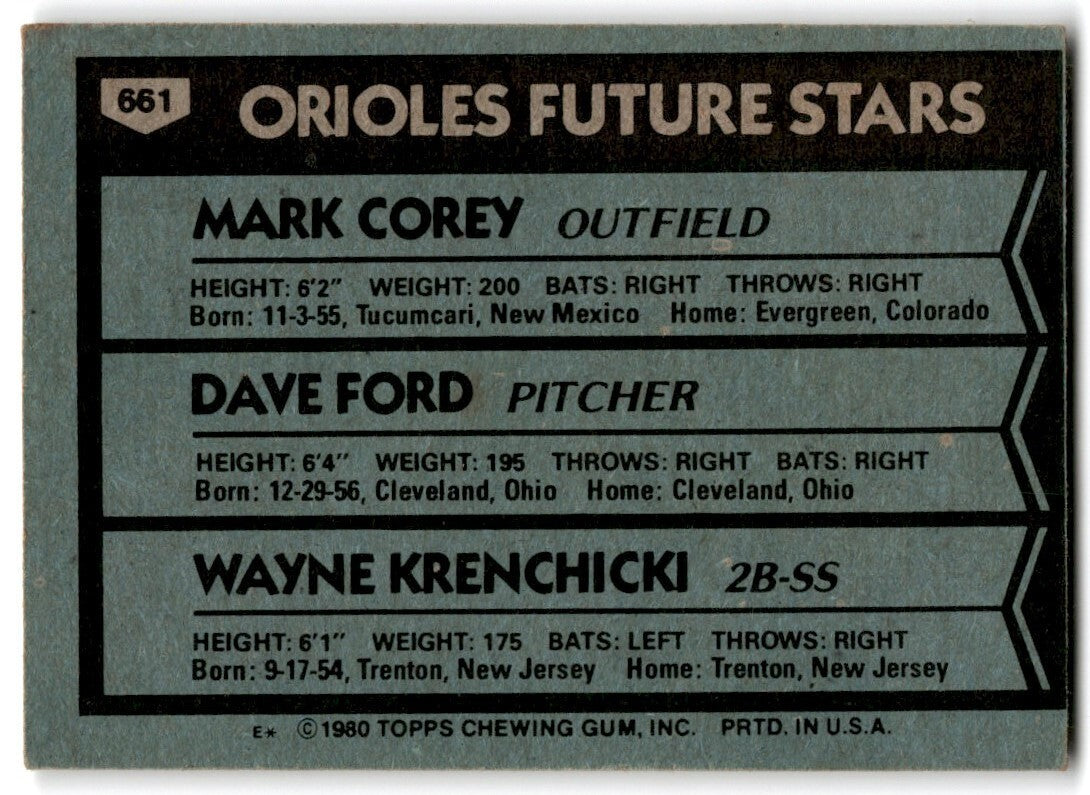 1980 Topps Orioles Future Stars - Mark Corey/Dave Ford/Wayne Krenchicki Rookie .