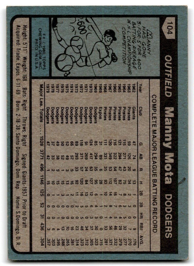 1980 Topps Manny Mota . Los Angeles Dodgers #104