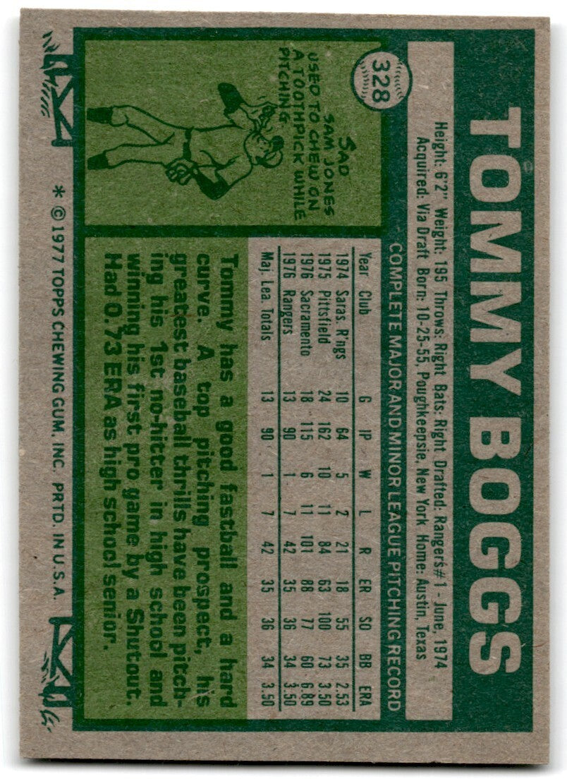 1977 Topps Tommy Boggs Rookie . Texas Rangers #328