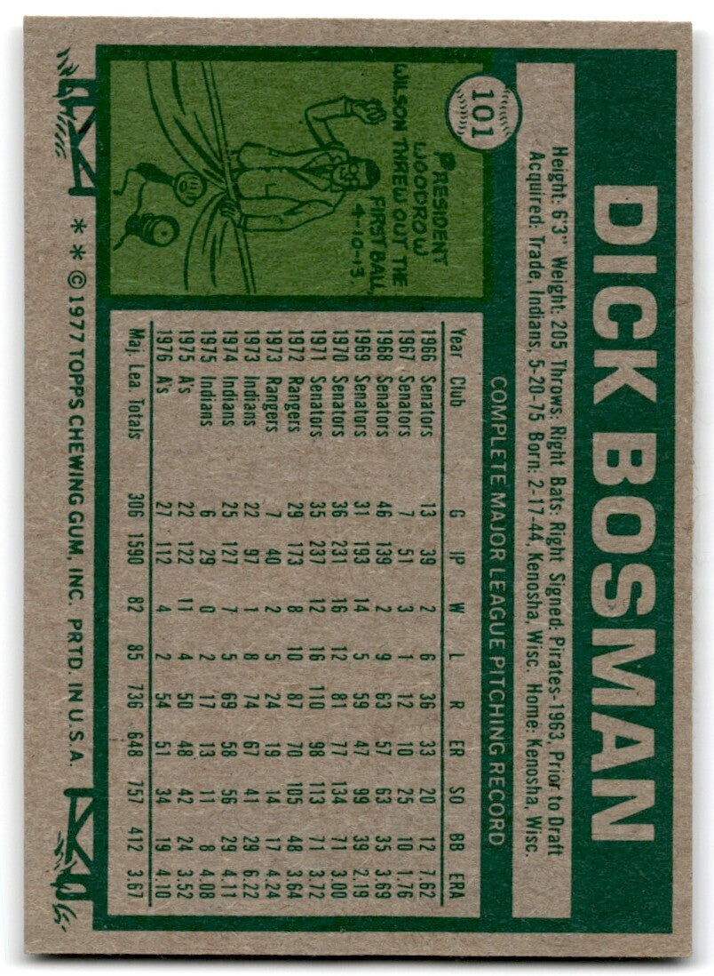 1977 Topps Dick Bosman . Oakland Athletics #101
