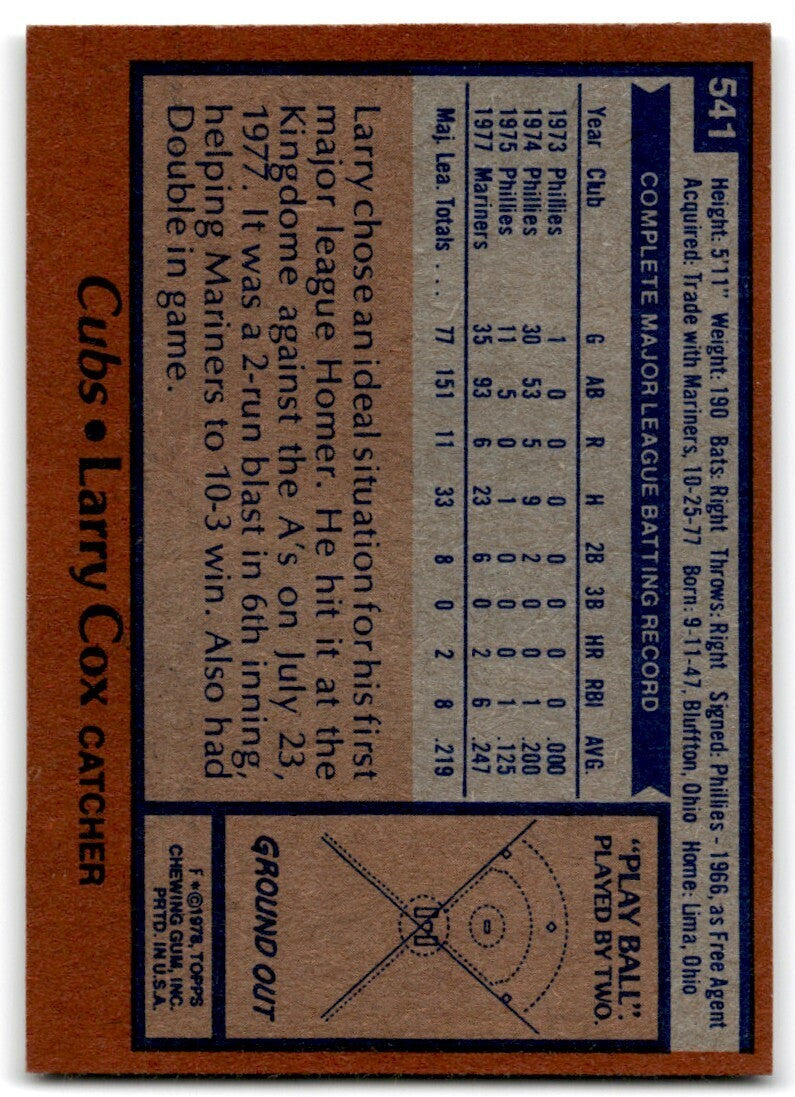 1978 Topps Larry Cox . Chicago Cubs #541