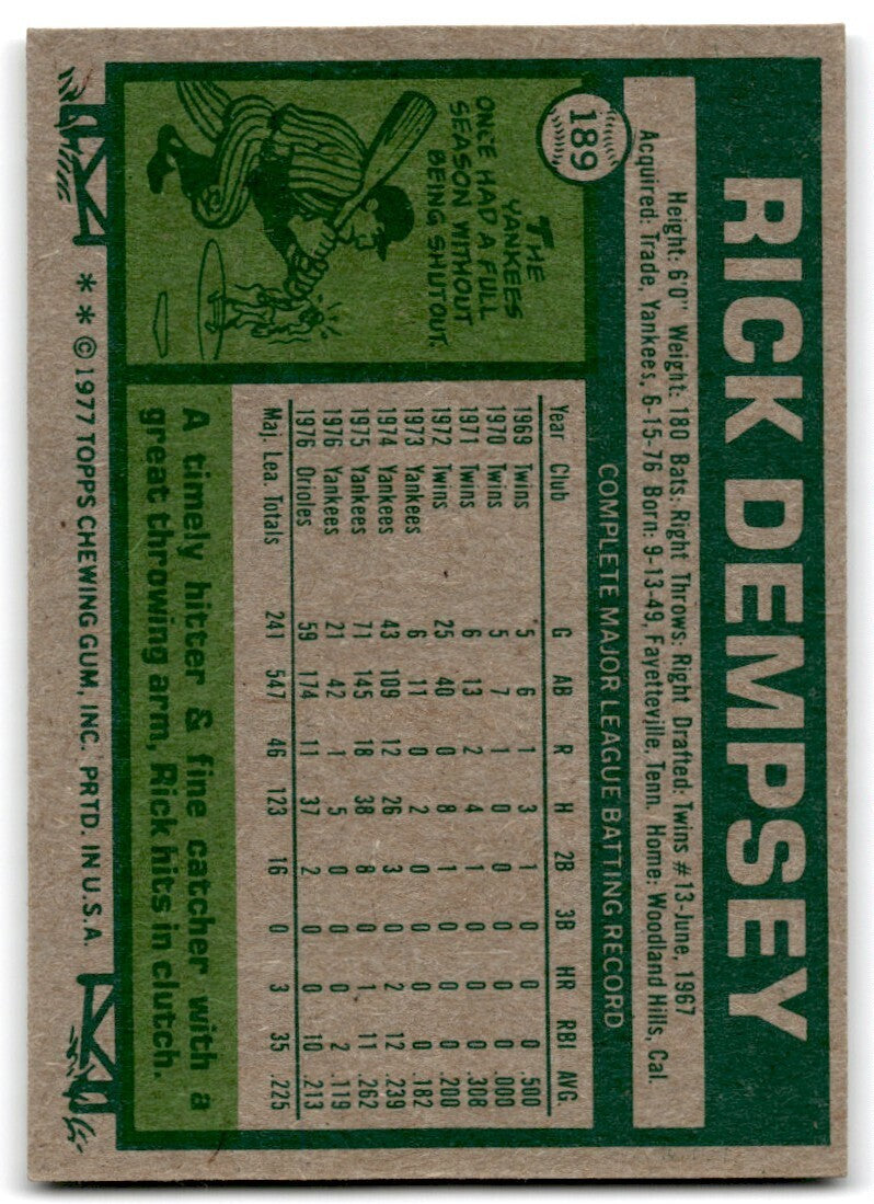 1977 Topps Rick Dempsey . Baltimore Orioles #189