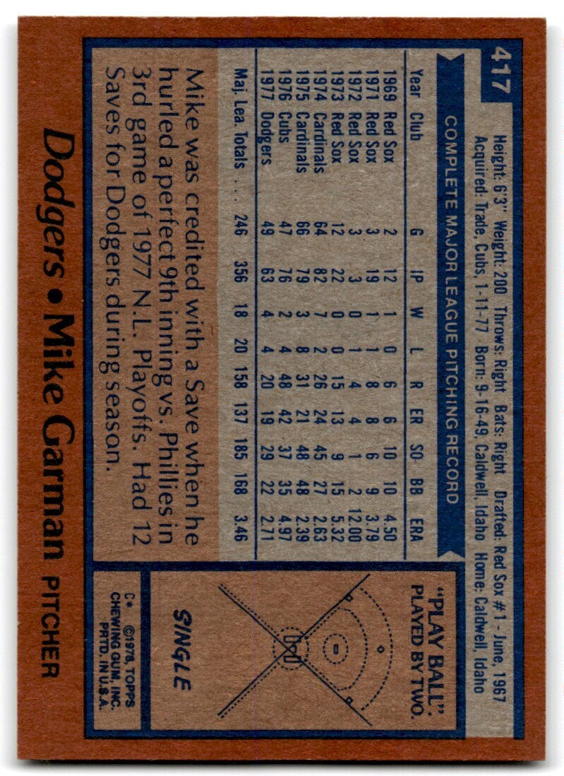 1978 Topps Mike Garman . Los Angeles Dodgers #417
