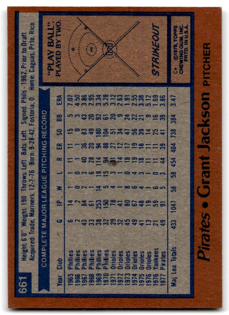1978 Topps Grant Jackson . Pittsburgh Pirates #661
