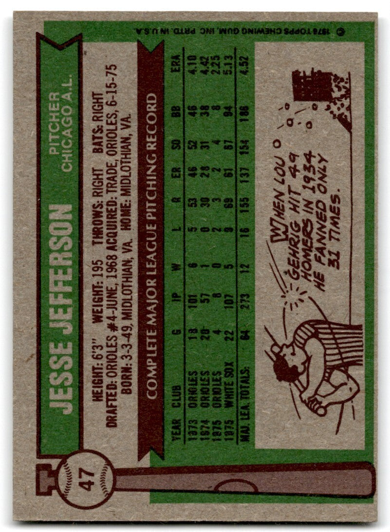 1976 Topps Jesse Jefferson . Chicago White Sox #47