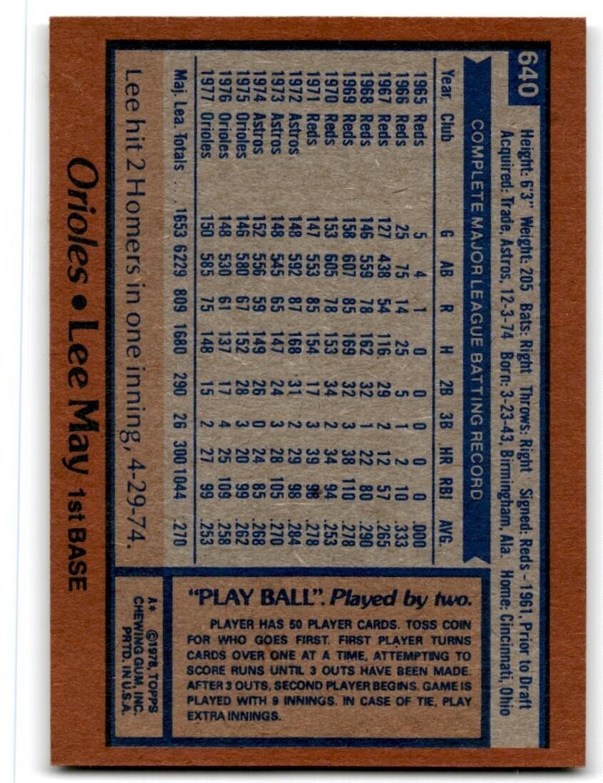 1978 Topps Lee May . Baltimore Orioles #640