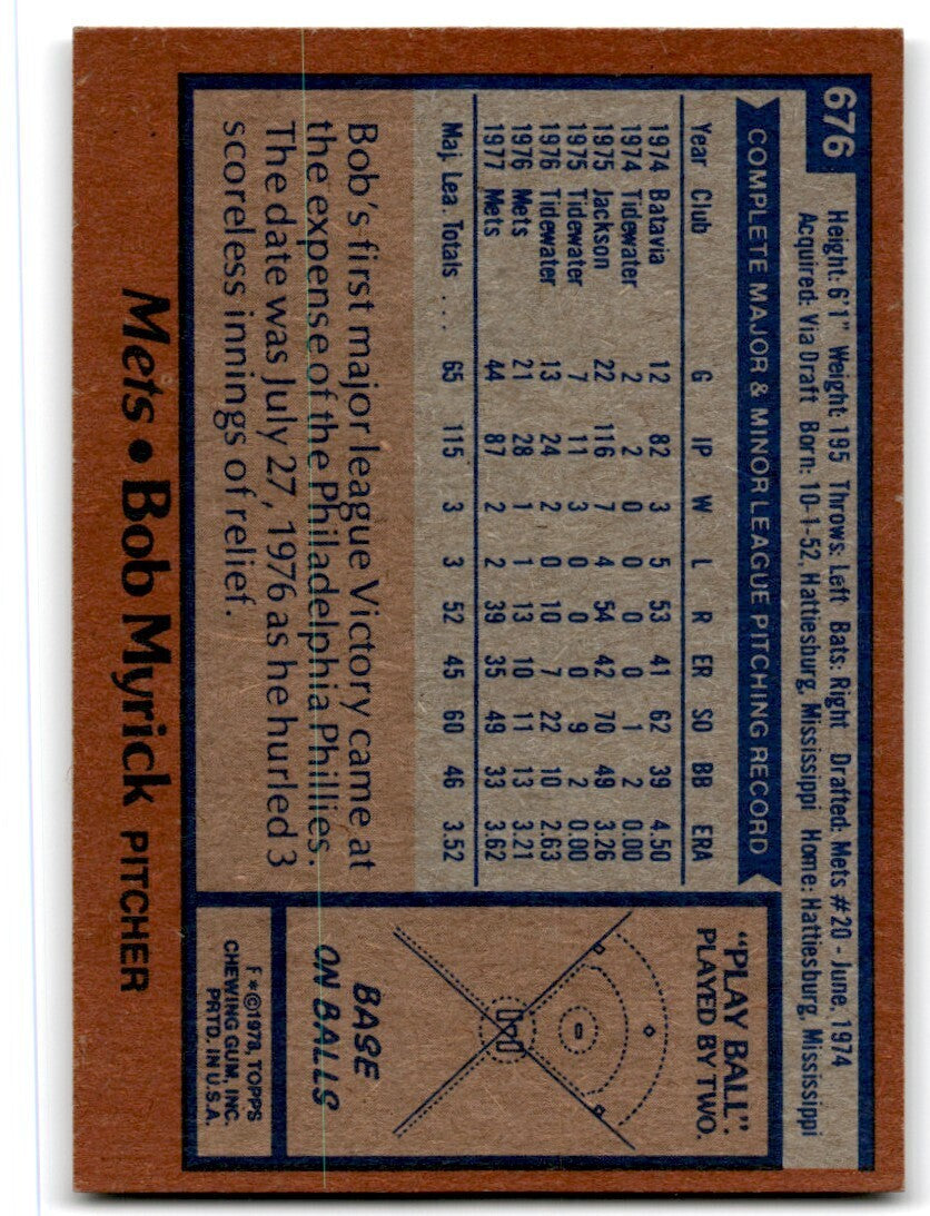 1978 Topps Bob Myrick . New York Mets #676