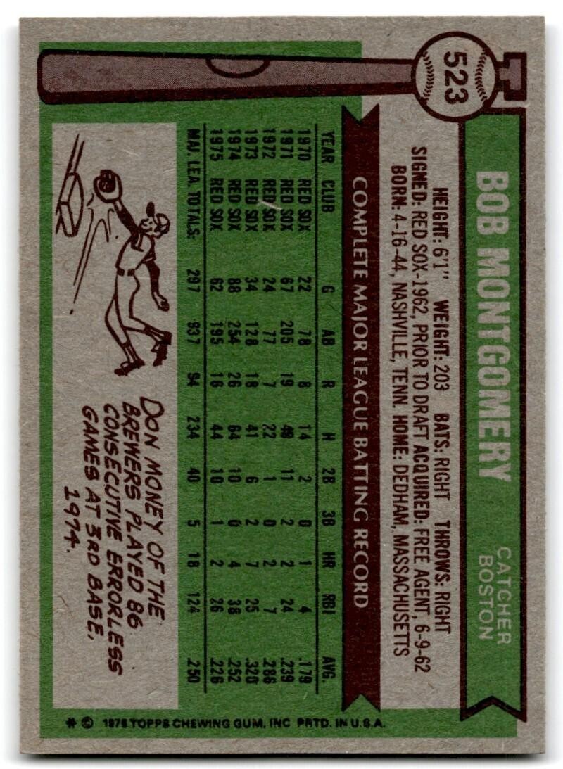 1976 Topps Bob Montgomery . Boston Red Sox #523