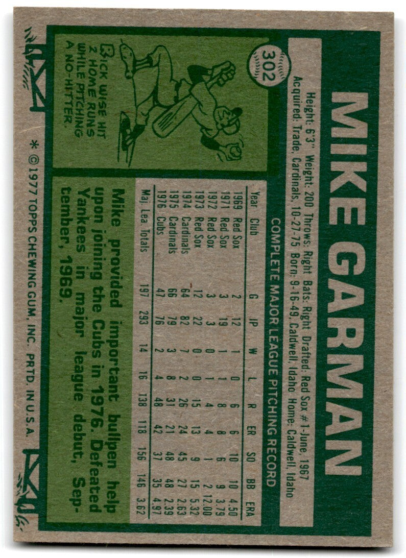 1977 Topps Mike Garman . Chicago Cubs #302