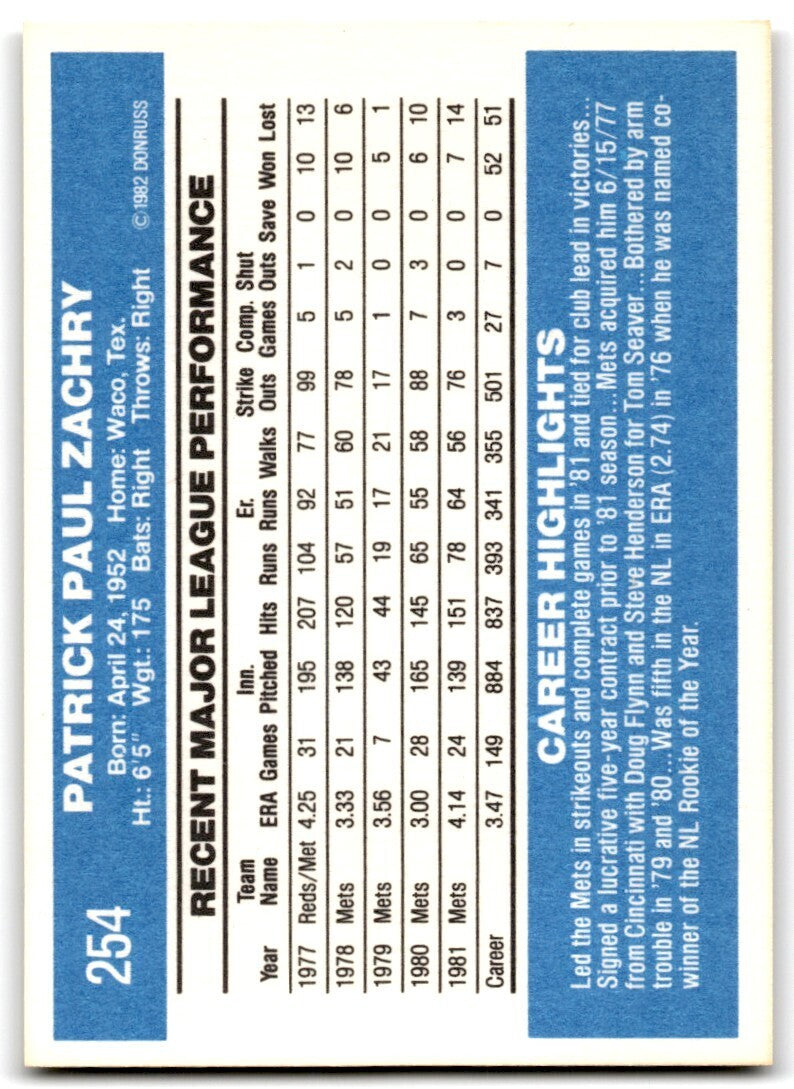 1982 Donruss Pat Zachry . New York Mets #254
