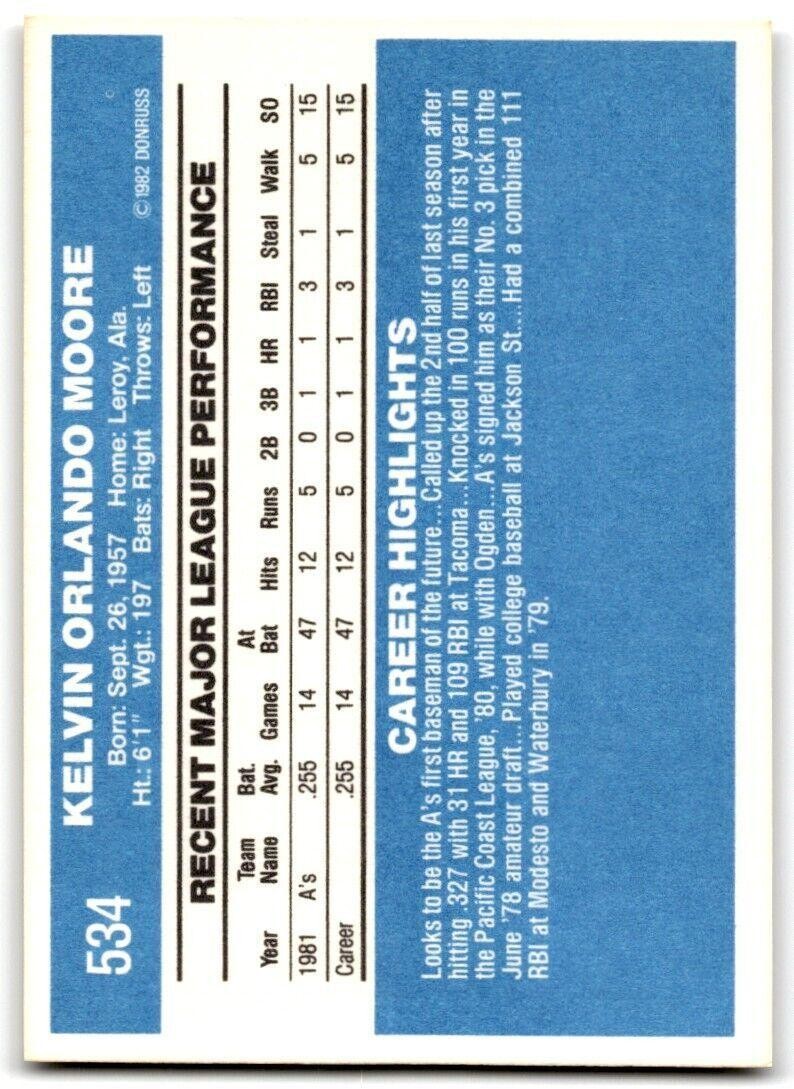 1982 Donruss Kelvin Moore Rookie . Oakland Athletics #534