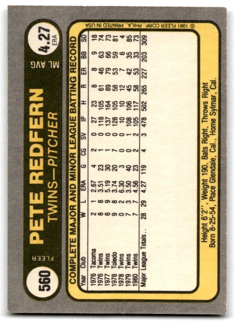 1981 Fleer Pete Redfern . Minnesota Twins #560
