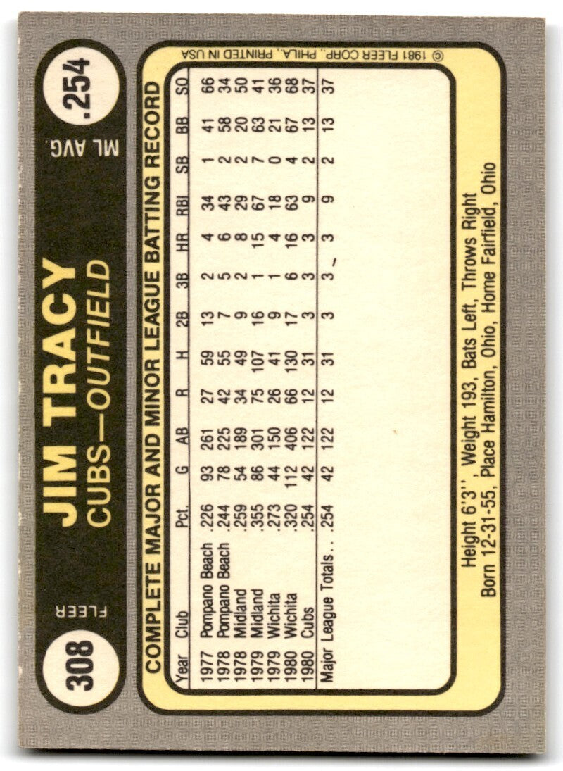 1981 Fleer Jim Tracy Rookie . Chicago Cubs #308