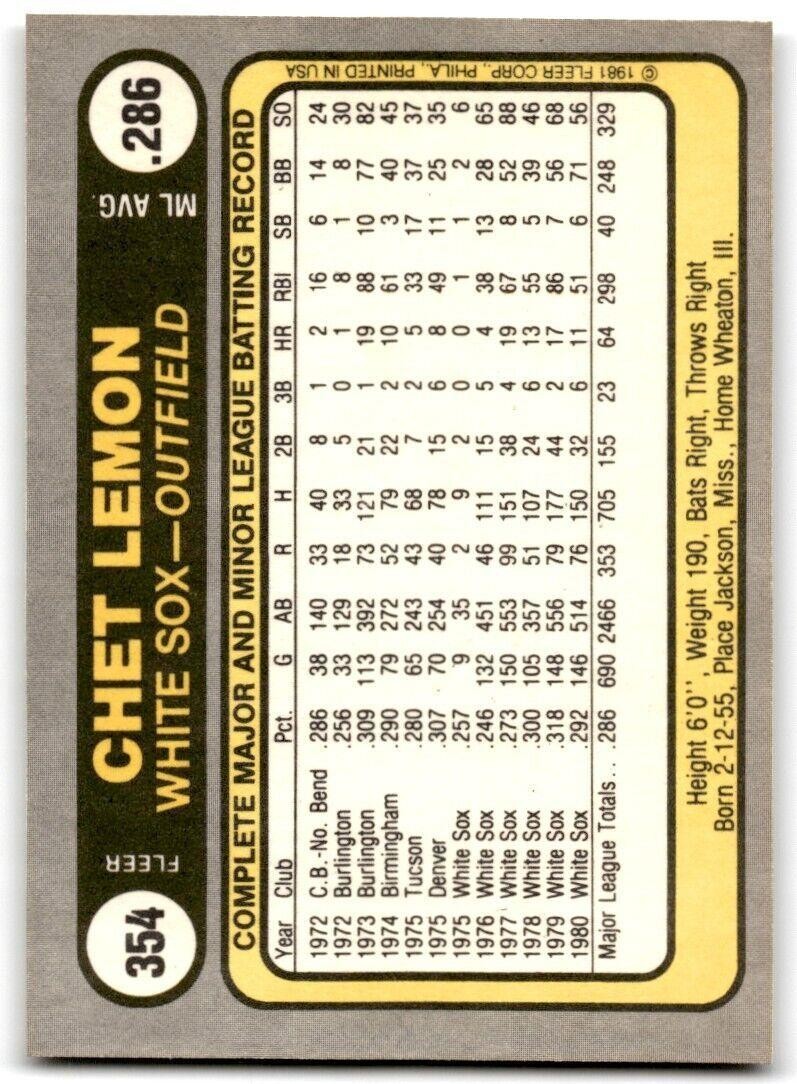1981 Fleer Chet Lemon . Chicago White Sox #354