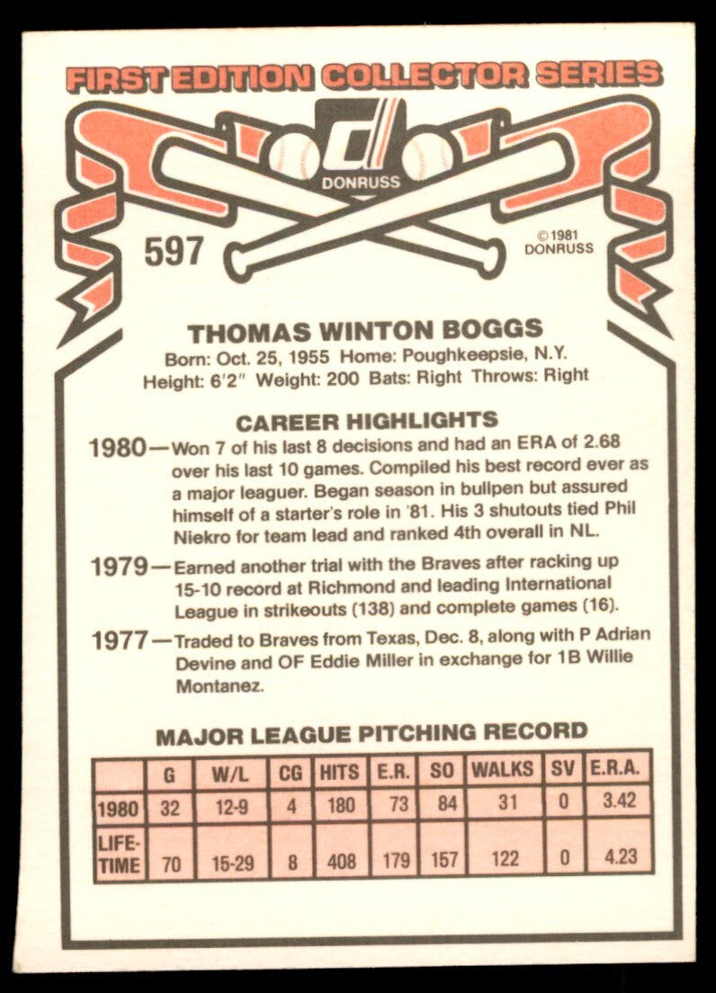 1981 Donruss Tommy Boggs . Atlanta Braves #597