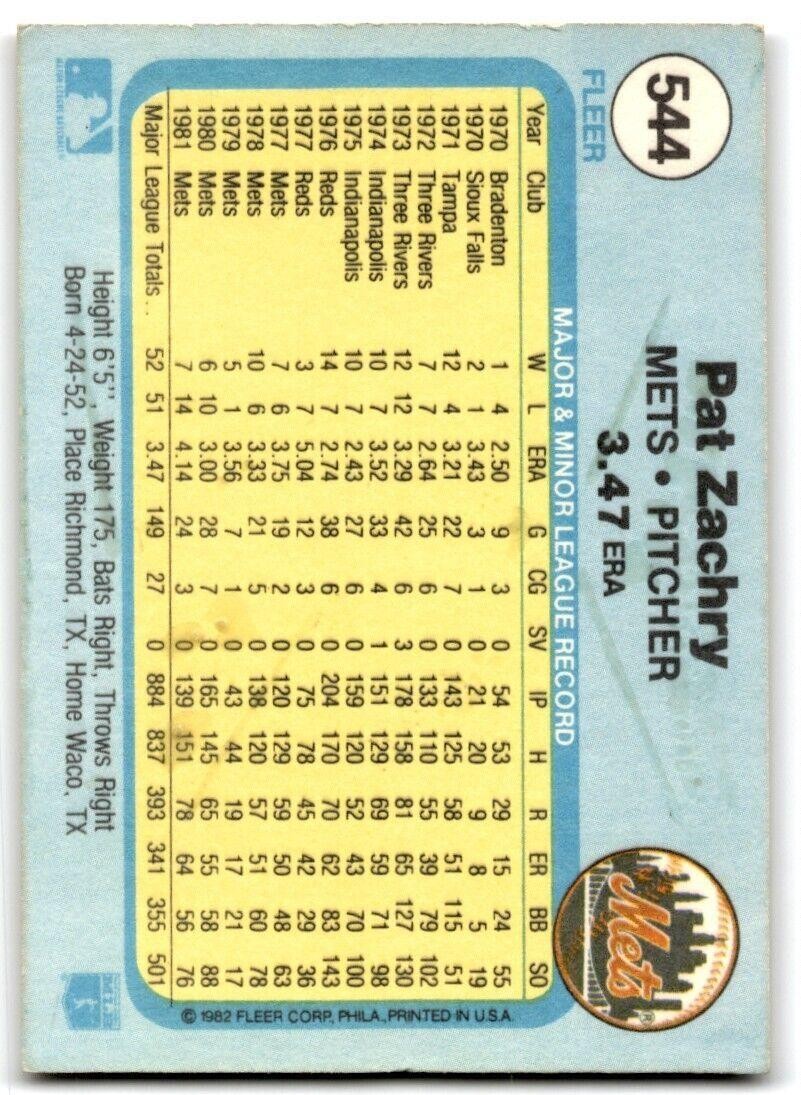 1982 Fleer Pat Zachry . New York Mets #544