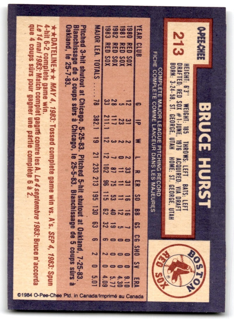 1984 O-Pee-Chee Bruce Hurst . Boston Red Sox #213