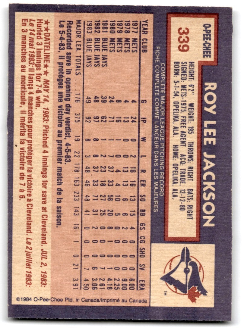 1984 O-Pee-Chee Roy Lee Jackson . Toronto Blue Jays #339