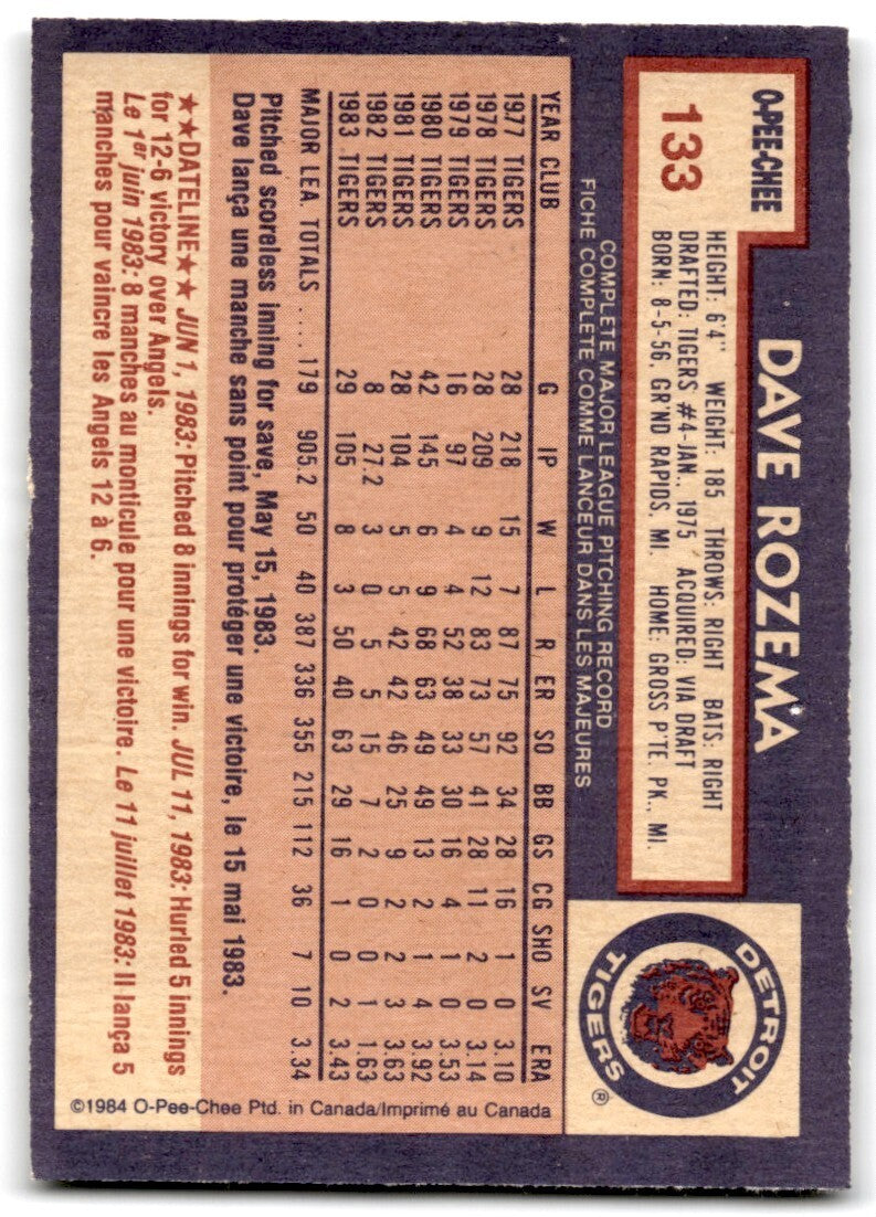 1984 O-Pee-Chee Dave Rozema . Detroit Tigers #133