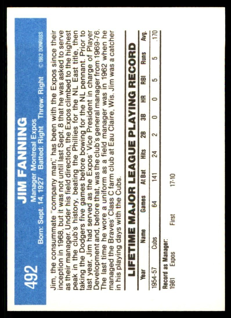 1982 Donruss Jim Fanning . Montreal Expos #492