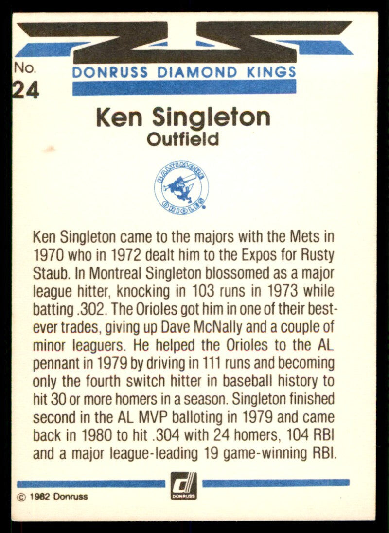 1982 Donruss Ken Singleton . Baltimore Orioles #24