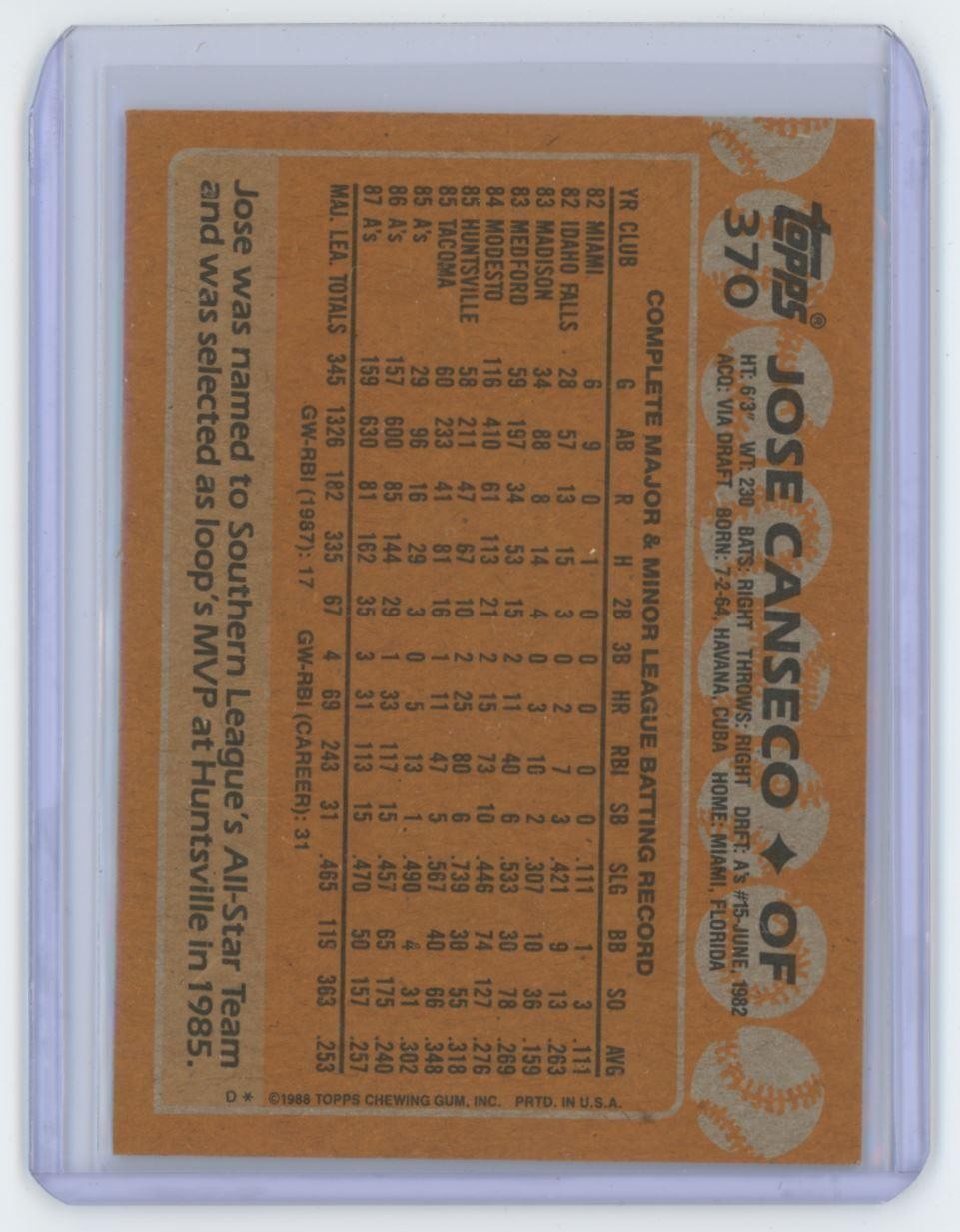 1988 Topps Jose Canseco . Oakland Athletics #370