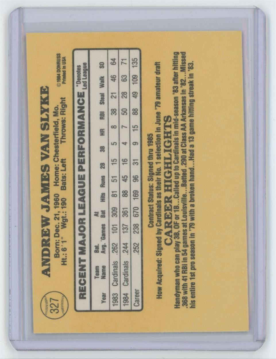 1985 Donruss Andy Van Slyke . St. Louis Cardinals #327