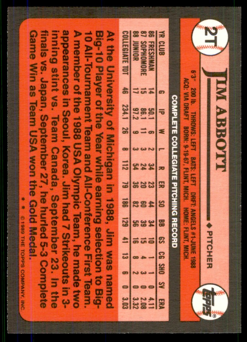 1989 Topps Traded Jim Abbott . California Angels #2T