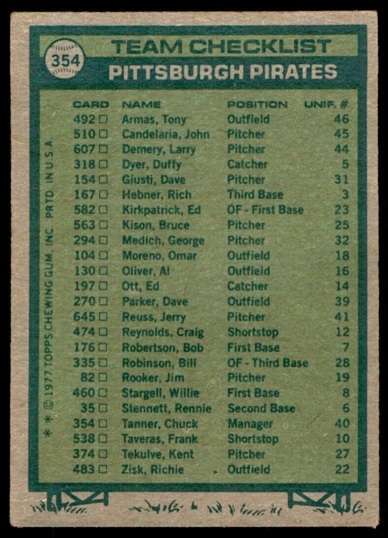 1977 Topps Pittsburgh Pirates - Chuck Tanner . Pittsburgh Pirates #354
