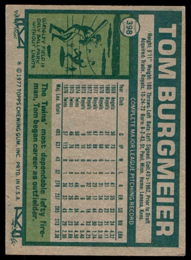 1977 Topps Baseball Tom Burgmeier . Minnesota Twins #398