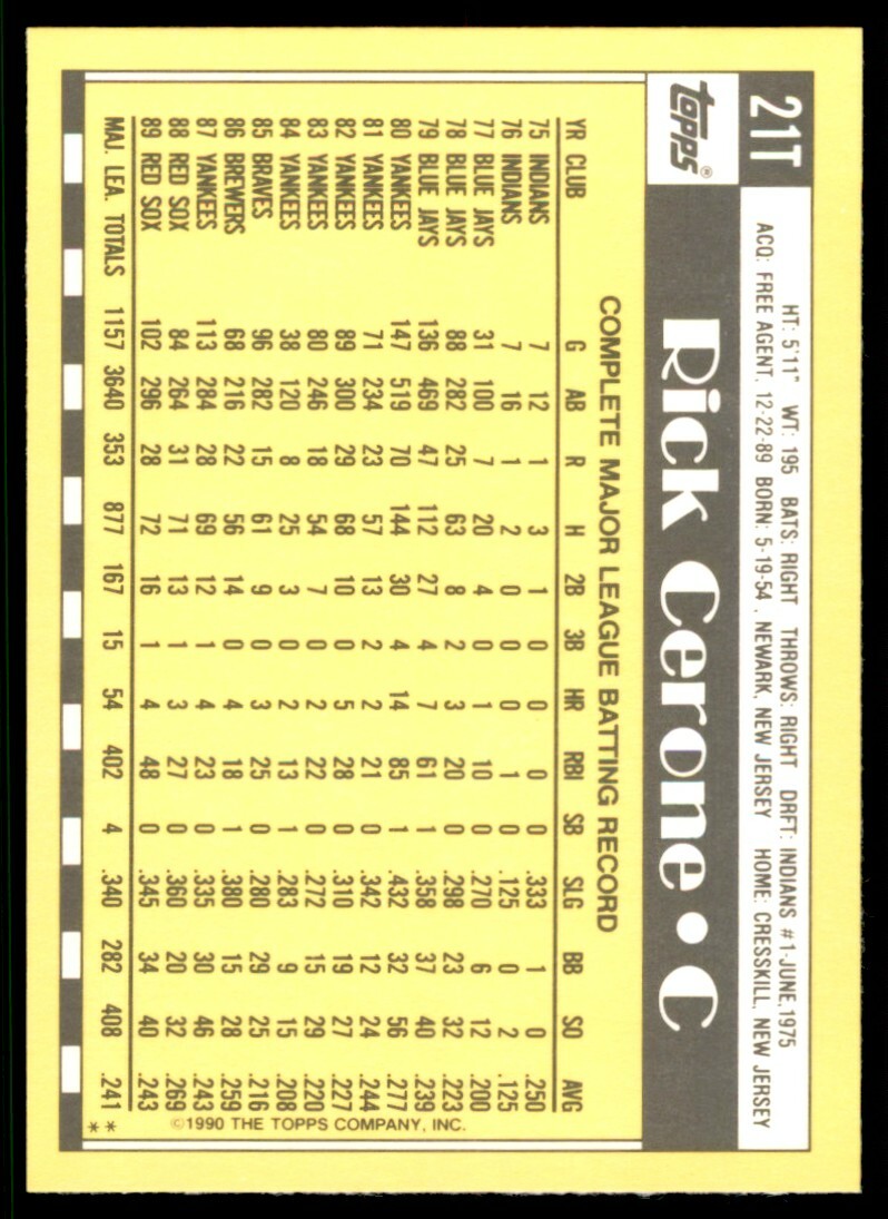 1990 Topps Traded Rick Cerone .  New York Yankees #21T